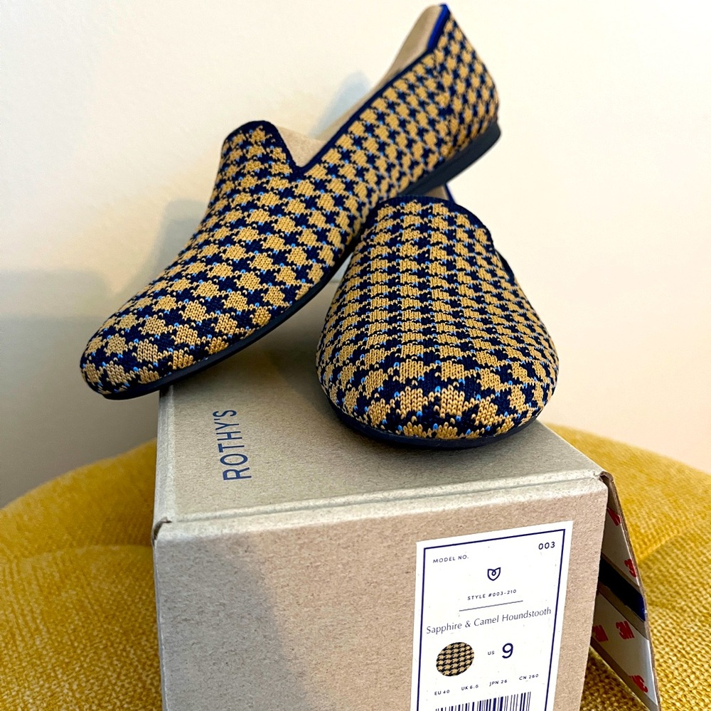 Retired Rothy’s loafer in stunning sapphire and camel classic style and colors.